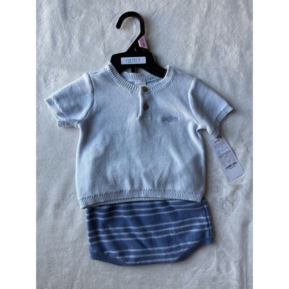 NWT Carter's Baby Boys Blue Fish Knit Short Set Size 0-3 Months Newborn Hospital